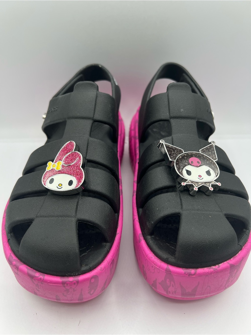 CROCS by Melody and kuromi Black Jelly Sandals with Hot Pink Platform 7